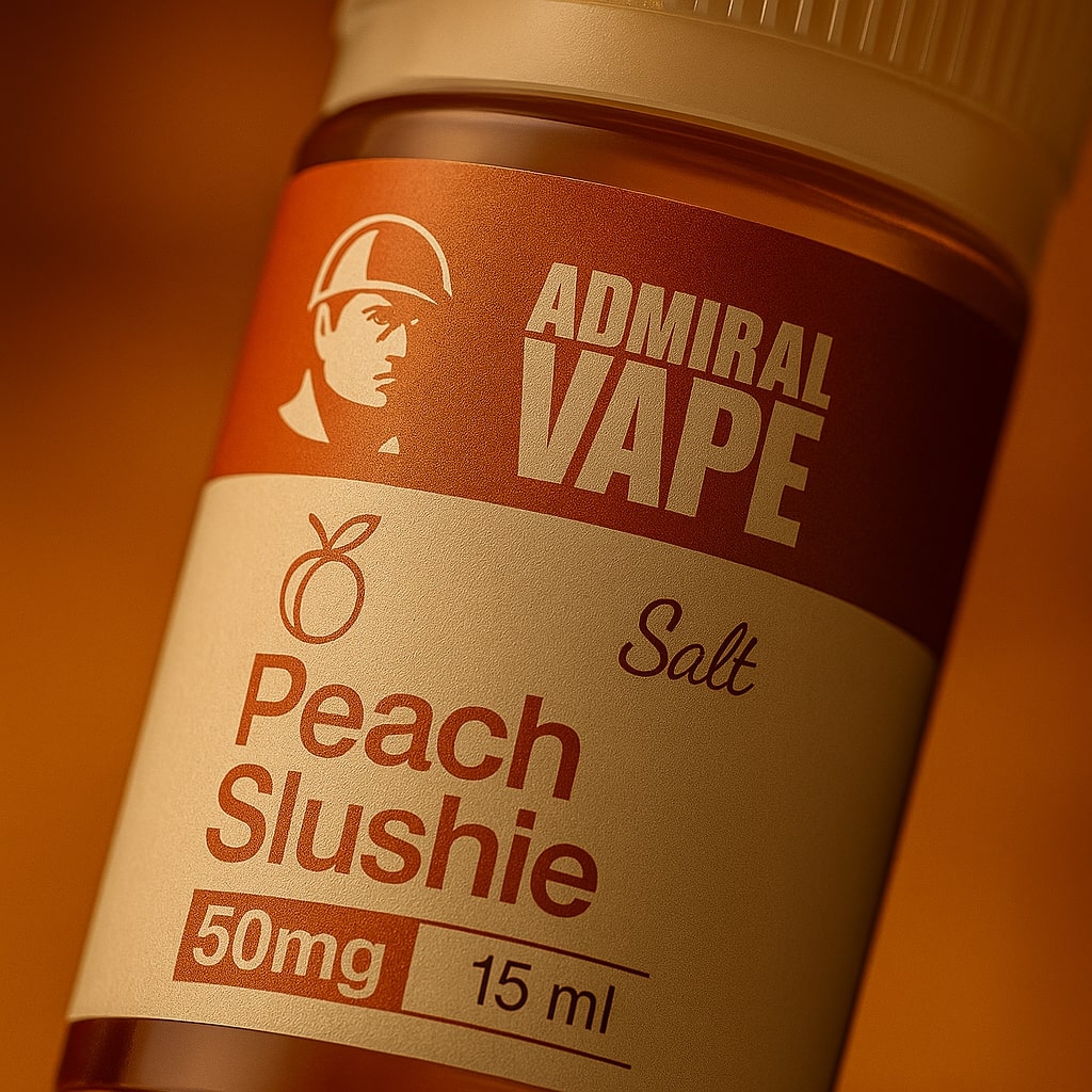 Макрозйомка етикетки Admiral Peach Slushie — насичений помаранчевий дизайн і преміальна текстура флакону