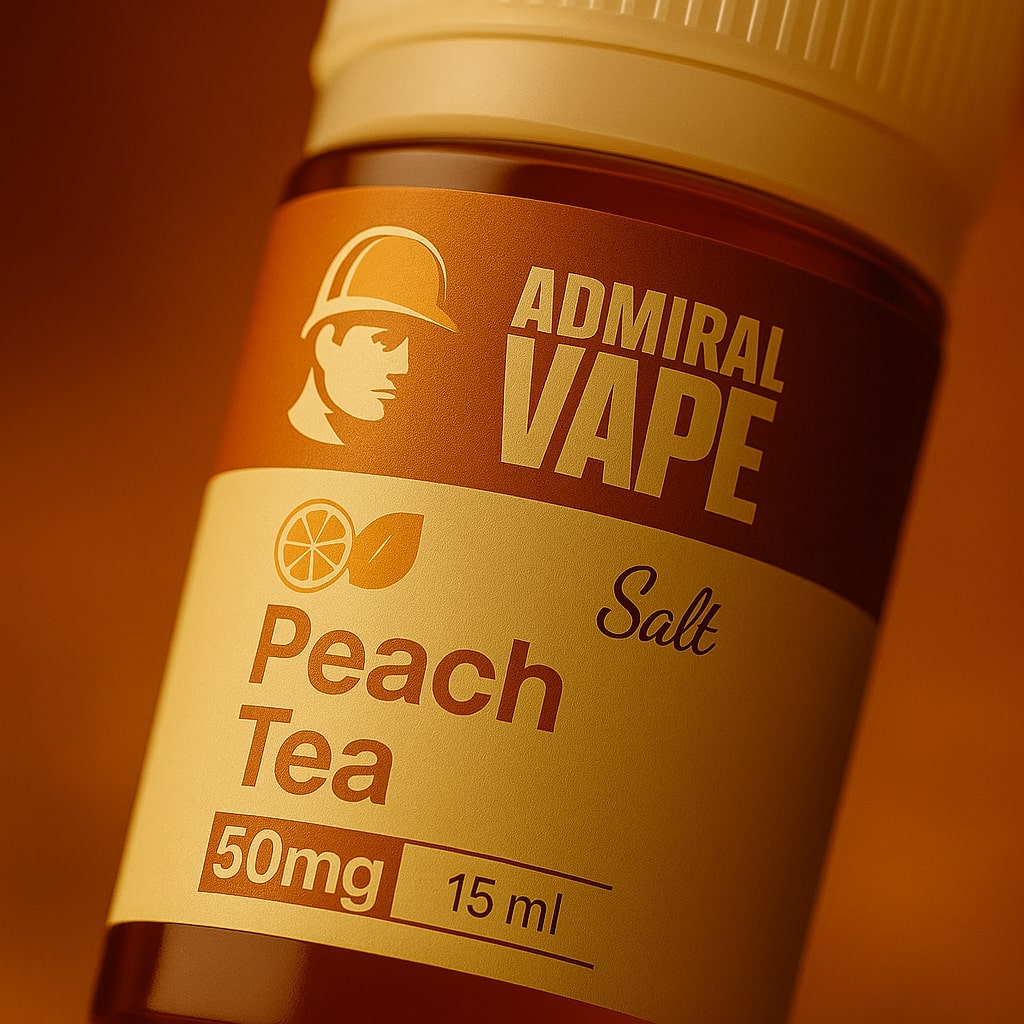 Флакон Admiral Peach Tea крупним планом — теплий відтінок етикетки та мінімалістичний фірмовий дизайн