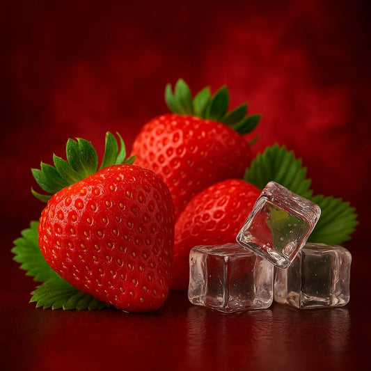 Стигла полуниця та кубики льоду — візуалізація смаку Admiral Vape Strawberry Ice, натуральна ягідна свіжість