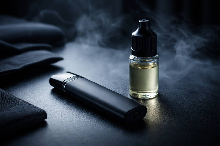 pod-система та флакон сольової рідини без етикеток на темному фоні, спокійна атмосфера усвідомленого вибору жижі для pod-вейпу