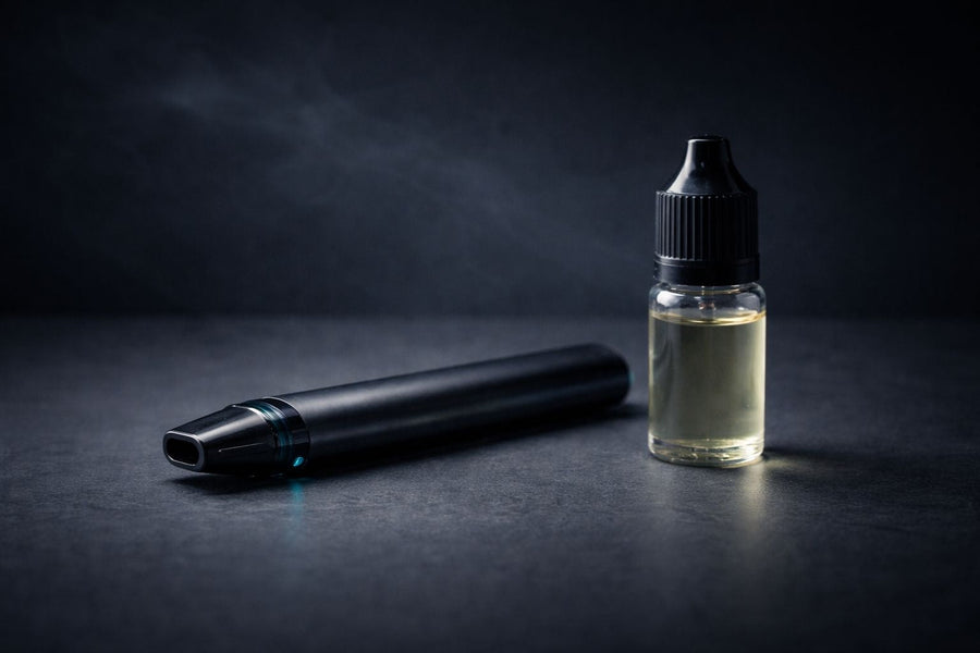 Под-вейп і мінімалістична пляшечка рідини без маркування на темному графітовому фоні, м’яке об’ємне світло, спокійна редакційна композиція