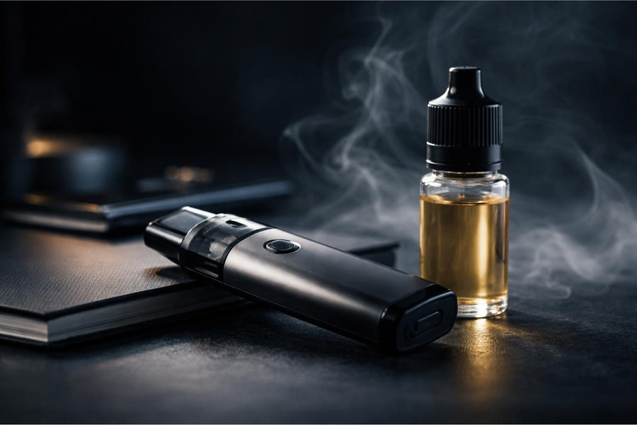 pod система та флакон сольової рідини без написів на темному фоні, усвідомлений вибір рідини для вейпа