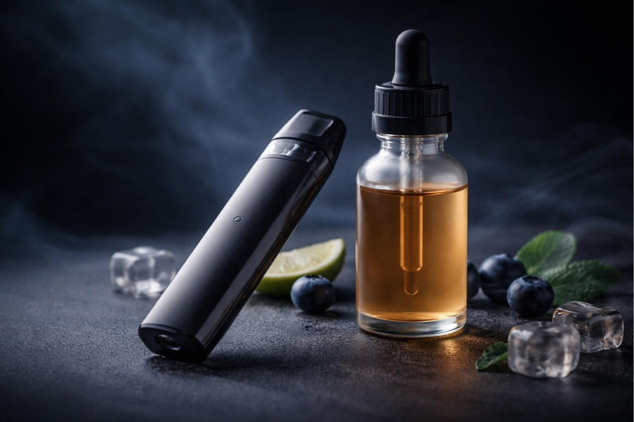 pod-система та флакон рідини без маркування на темному фоні, усвідомлений вибір рідини для pod системи
