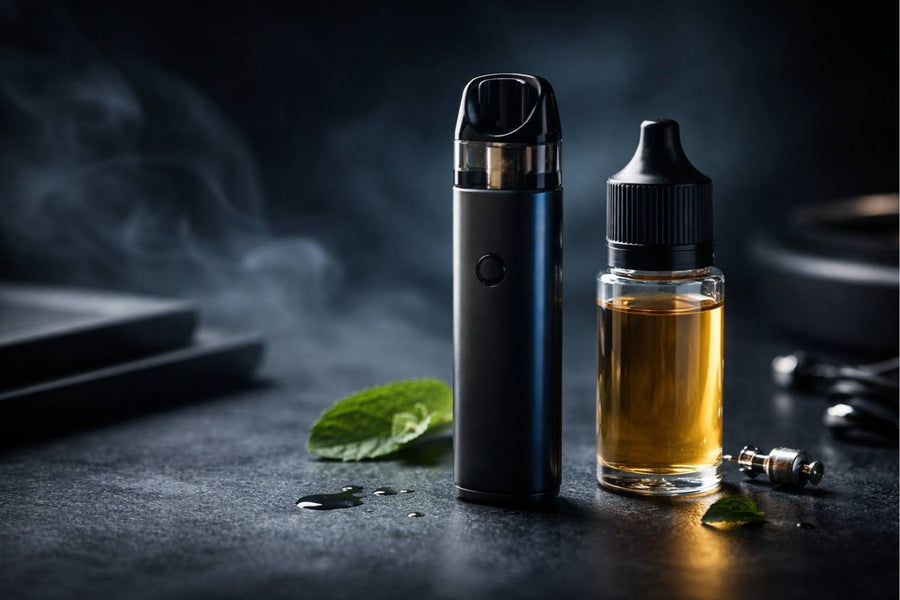 pod-система та флакон рідини без маркування на темному фоні, спокійна атмосфера вибору вейпа для початківця