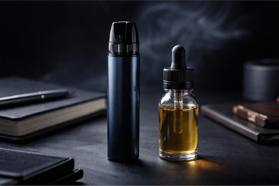 pod система та флакон рідини без етикетки на темному фоні, усвідомлений вибір міцності для початку вейпінгу