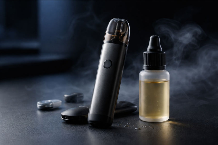 Pod-система та флакон рідини без етикеток на темному фоні з м’яким світлом, атмосфера першого усвідомленого вибору у pod-вейпінгу