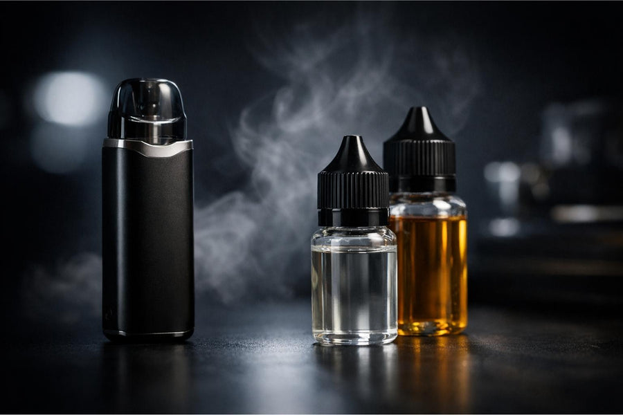 pod-система та флакони рідини для вейпа без етикеток на темному фоні, концепція усвідомленого вибору пропорції жижі