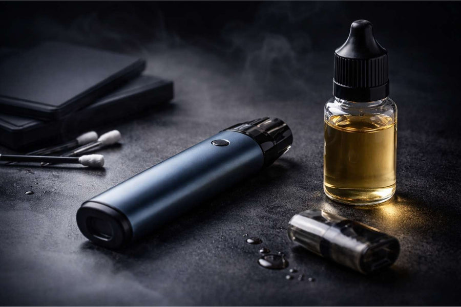 pod-система та флакон рідини для вейпа на темному фоні з м’яким світлом, атмосфера усвідомленого вибору