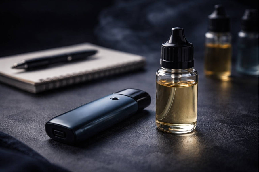 pod-система та флакон рідини без маркування на темному фоні, спокійна атмосфера усвідомленого вибору