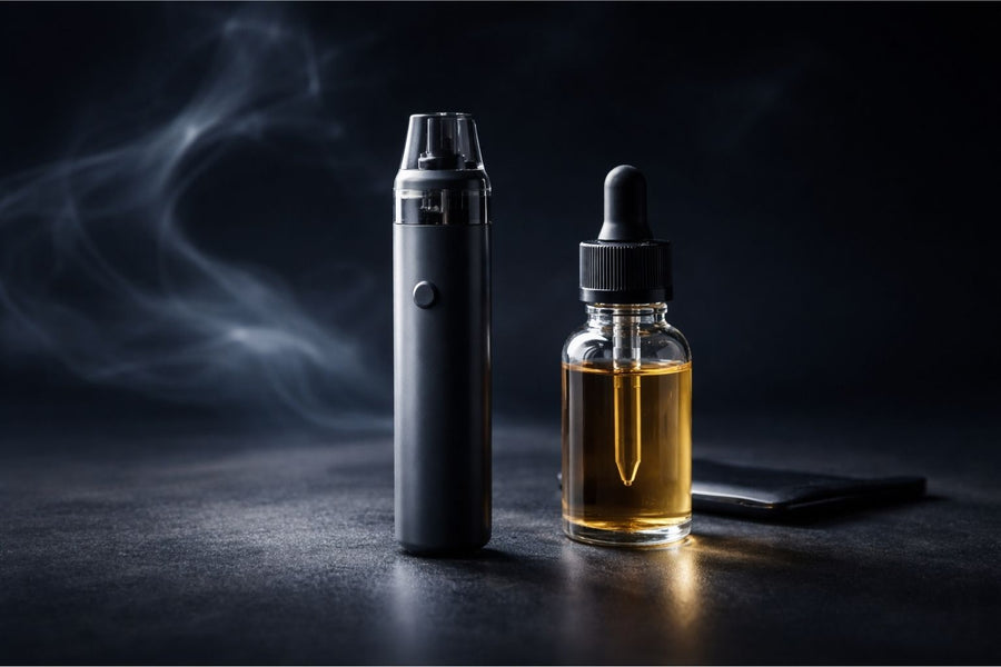 Pod-система та флакон сольової рідини на темному фоні з мʼяким студійним світлом