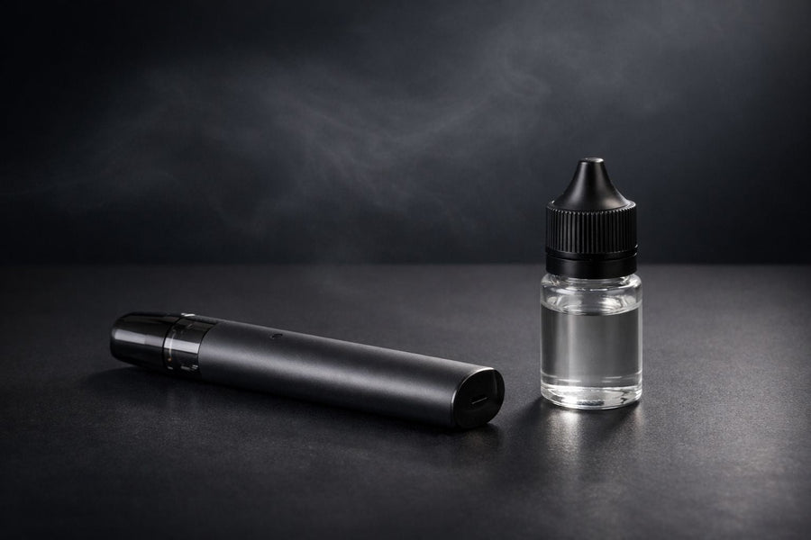 Фотореалістичне студійне фото компактного под-вейпа та невеликого флакона рідини без маркування на темній матовій поверхні, з м’яким об’ємним освітленням, легким чистим паром у повітрі та мінімалістичним темним градієнтним фоном.