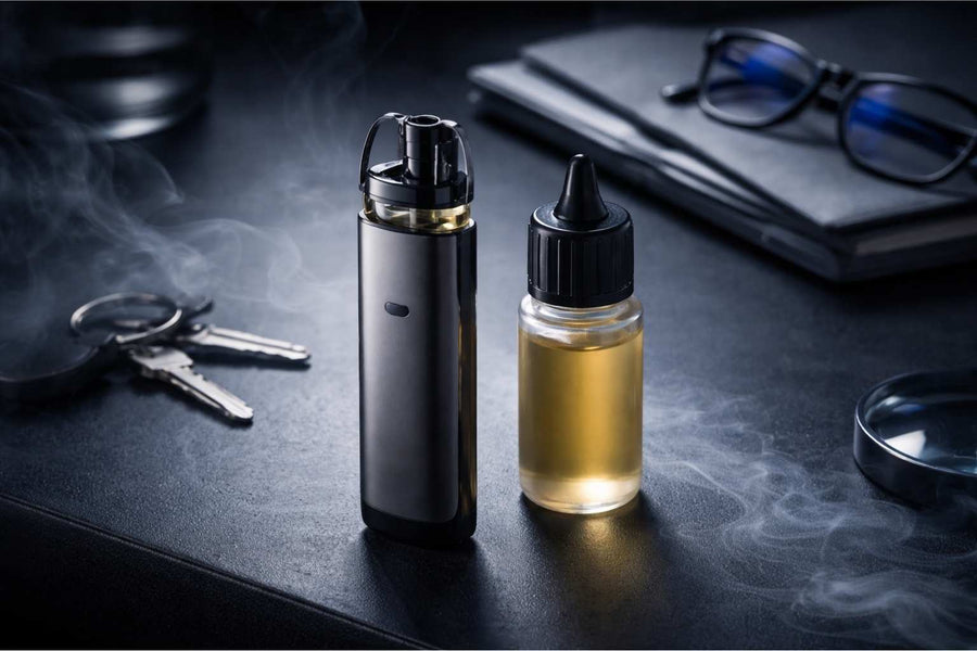 Под система та рідина для вейпа на графітовому фоні, атмосфера вибору