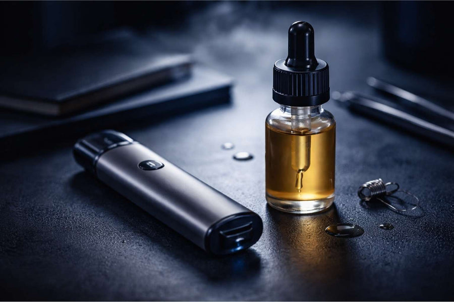 Pod-система та флакон рідини без маркування на темному фоні, спокійна студійна сцена усвідомленого вибору для pod-вейпінгу