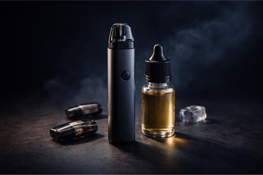 pod-система та флакон рідини без маркування на темному фоні, атмосфера усвідомленого вибору жижі для pod-систем