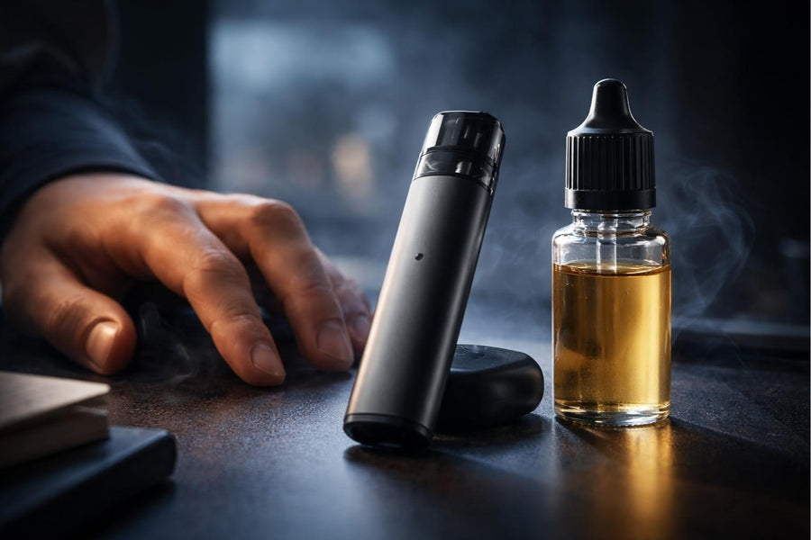 Pod-система та флакон рідини без маркування на темному фоні, спокійна атмосфера усвідомленого вибору для вейпінгу