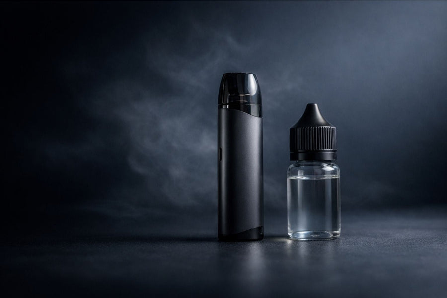 Под-система та флакон рідини без етикеток на темному фоні, символ усвідомленого переходу з сигарет на вейп