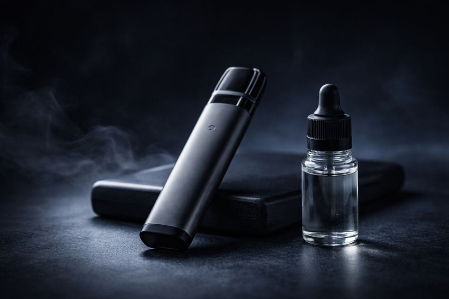 Pod-система та флакон рідини без маркування на темному фоні, вибір жижі для pod-системи та відмінності від звичайних рідин