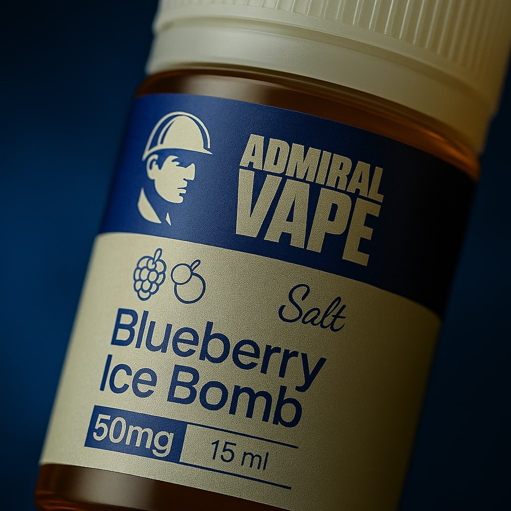 Крупний план етикетки Admiral Blueberry Ice Bomb — синьо-кремовий дизайн, чіткий логотип, професійна макрозйомка