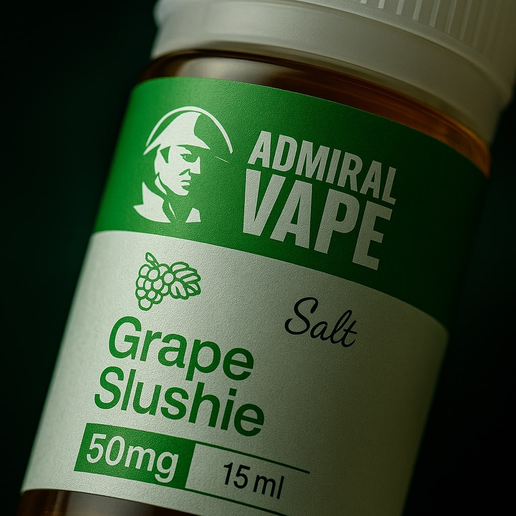 Макрозйомка Admiral Grape Slushie — чітке лого та зелена етикетка у преміальному стилі