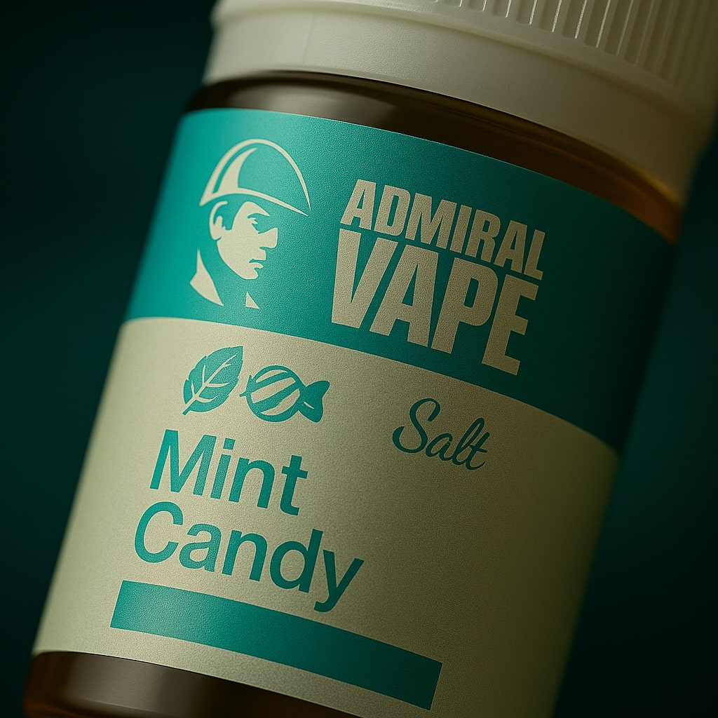 Крупний план флакону Admiral Vape Mint Candy — бірюзовий лейбл, чітке тиснення, професійне студійне фото