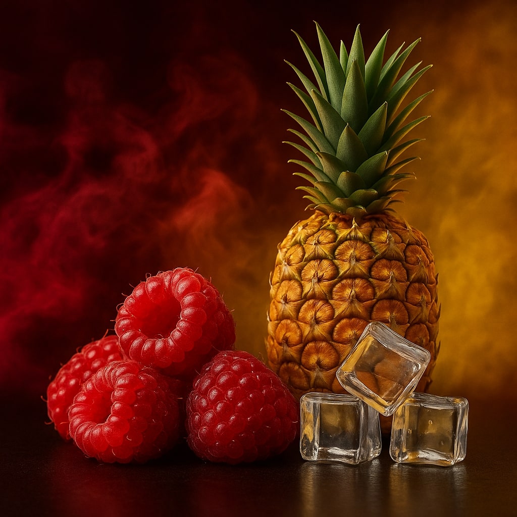 Малина, ананас і кубики льоду — візуалізація смаку Admiral Vape Raspberry Pineapple Ice, свіжий фруктовий мікс