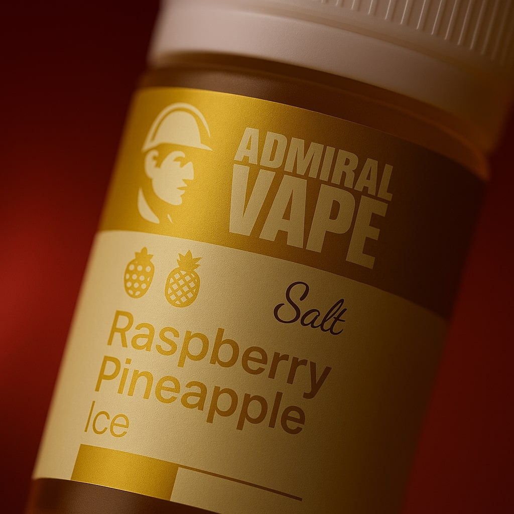 Макрозйомка етикетки Admiral Vape Raspberry Pineapple Ice — золотистий дизайн, преміальна якість оформлення