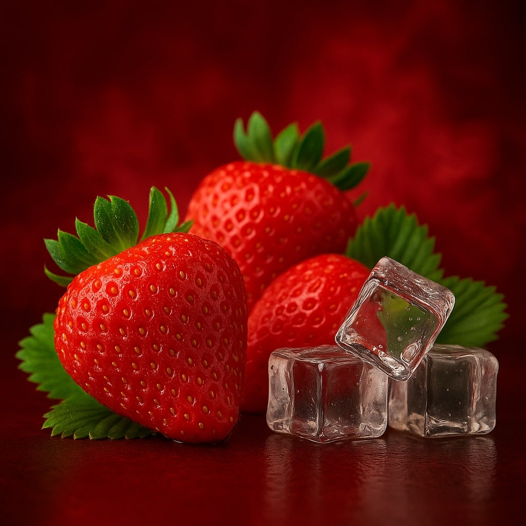 Свіжа полуниця та кубики льоду — візуалізація смаку Admiral Vape Strawberry Ice, натуральний аромат та прохолода