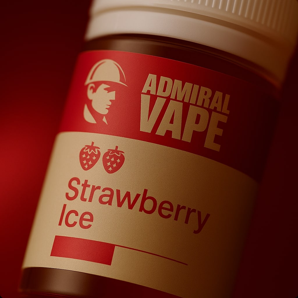 Макрозйомка етикетки Admiral Vape Strawberry Ice — глибокий червоний дизайн, чітке лого та фірмове тиснення бренду